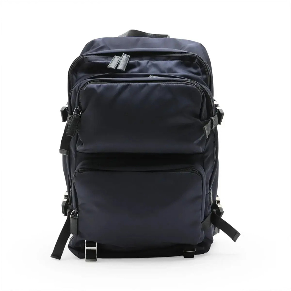 Prada Tessuto Leather Triangle Logo Shoulder Straps Double Zip Backpack Bag Blue
